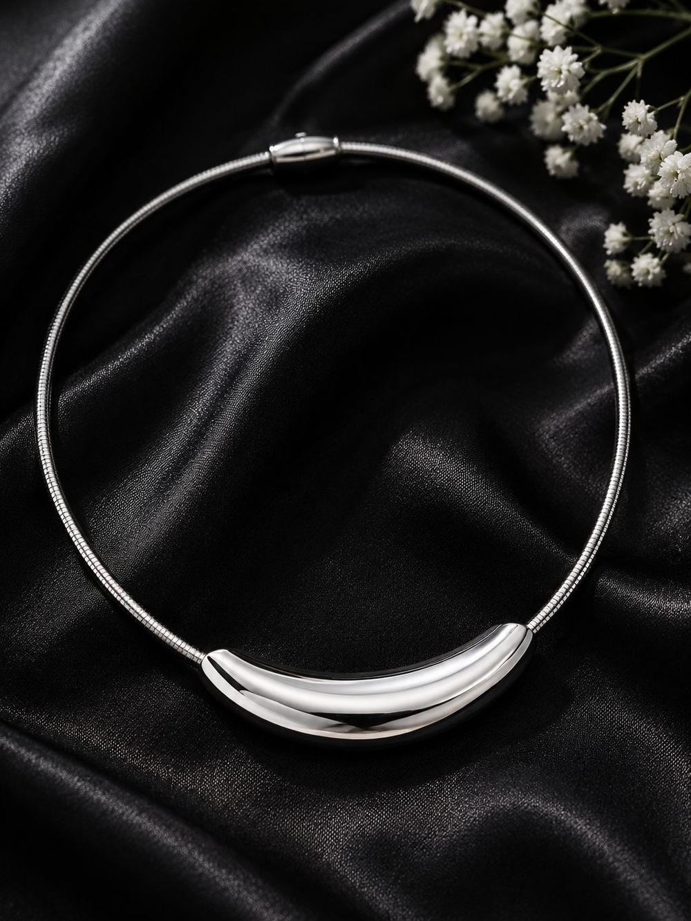 Polished Silver Curved Collar Necklace - Picture 2 of 6